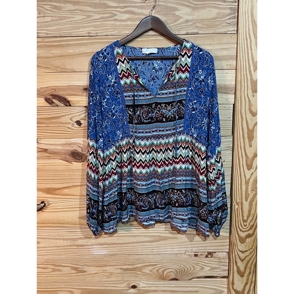 Weekend Suzanne Betro Top Womens 3X Blue Paisley Chevron Print Tunic Boho